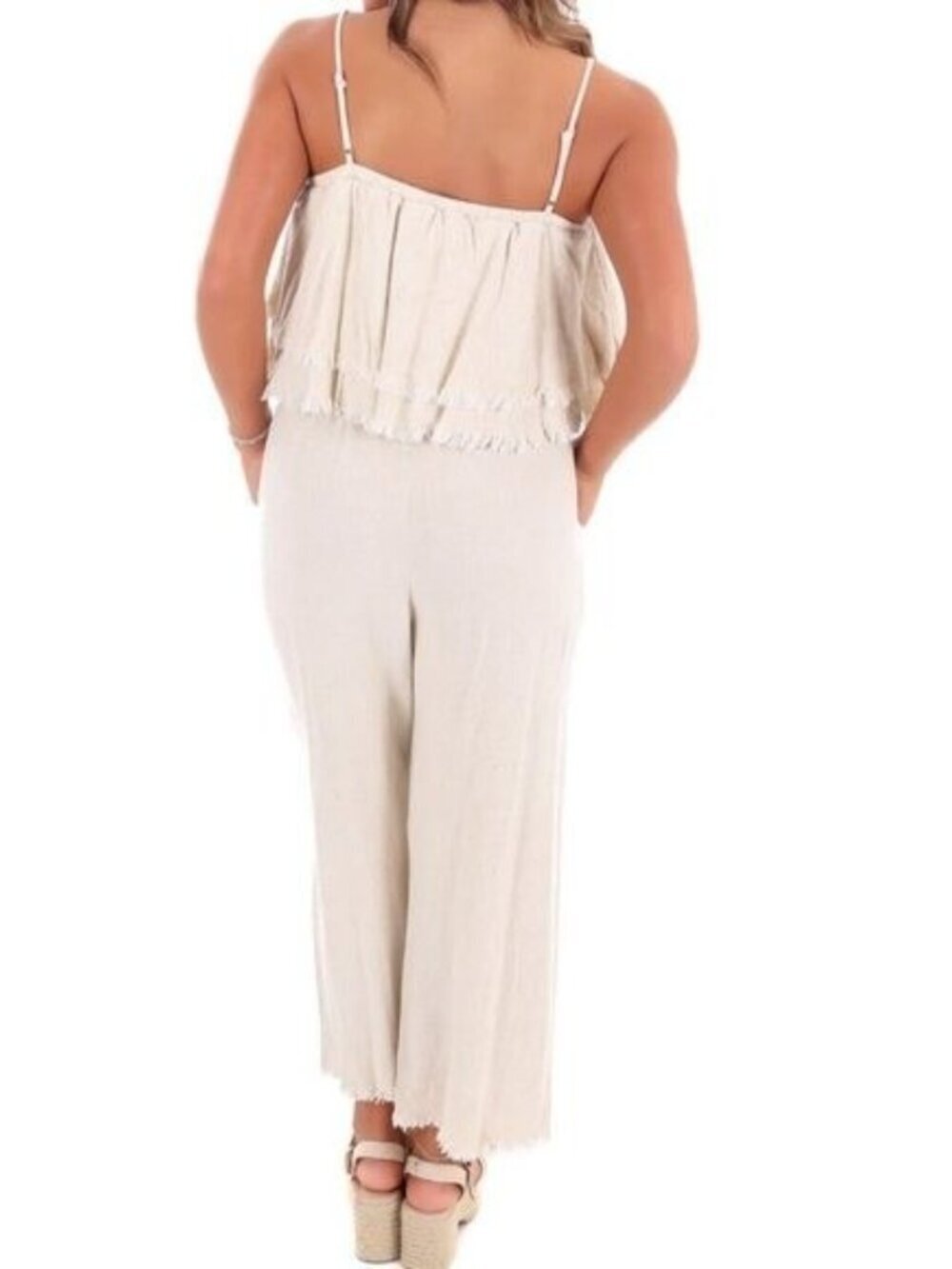 Umgee Women's Size Small Losing My Mind Tiered Jumpsuit Beige Fringe Hem Linen - Picture 3 of 14